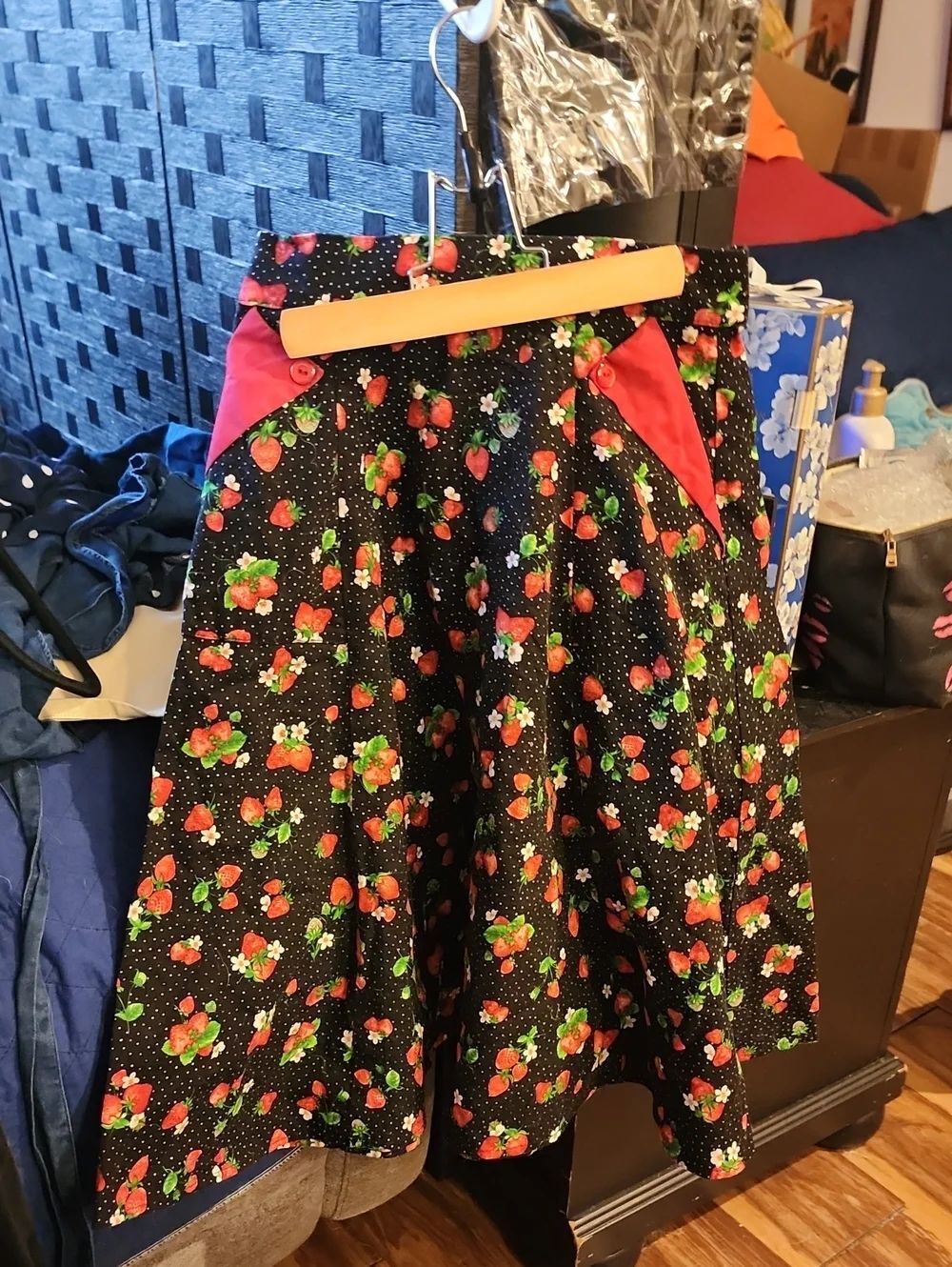 Heart Of HAUTE Black Strawberry Print A-Line Skirt with Red Accents